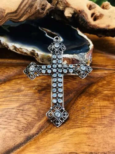 Antique Ornate Sterling Silver Blue Topaz Stone Cross Pendant