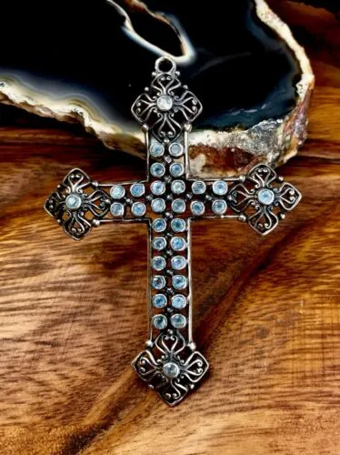 Antique Ornate Sterling Silver Blue Topaz Stone Cross Pendant