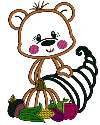 Bear Holding Thanksgiving Cornucopia Applique Machine Embroidery Design Digitized Pattern