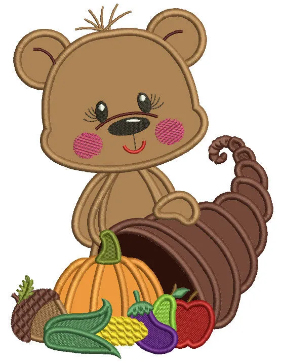 Bear Holding Thanksgiving Cornucopia Applique Machine Embroidery Design Digitized Pattern