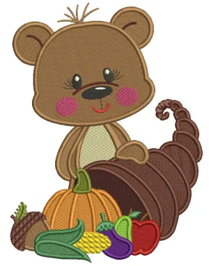 Bear Holding Thanksgiving Cornucopia Filled Machine Embroidery Design Digitized Pattern