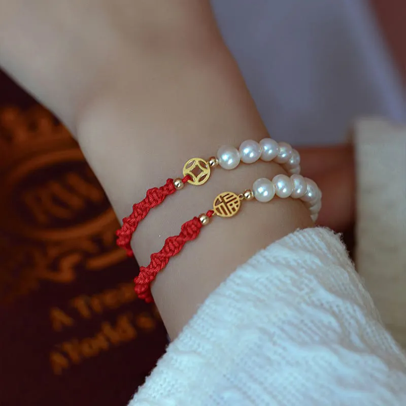 Buddha Stones 14K Gold Plated Pearl Bead Luck Protection Braid Red String Bracelet