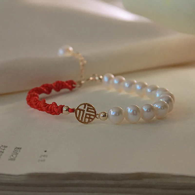 Buddha Stones 14K Gold Plated Pearl Bead Luck Protection Braid Red String Bracelet