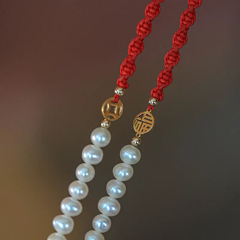 Buddha Stones 14K Gold Plated Pearl Bead Luck Protection Braid Red String Bracelet