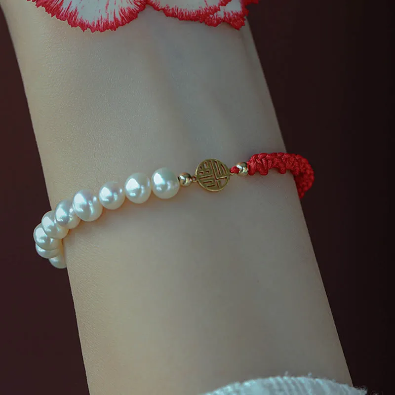 Buddha Stones 14K Gold Plated Pearl Bead Luck Protection Braid Red String Bracelet