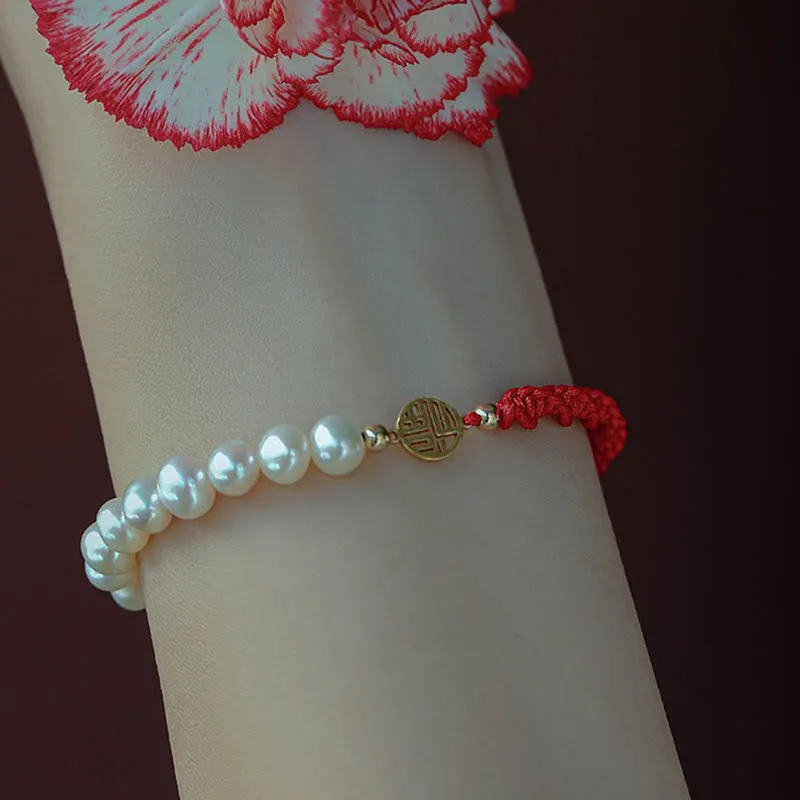 Buddha Stones 14K Gold Plated Pearl Bead Luck Protection Braid Red String Bracelet