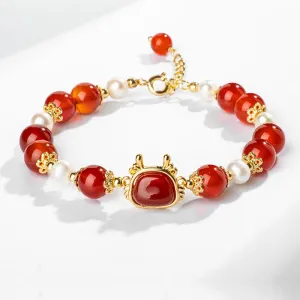 Buddha Stones 14K Gold Plated Year Of The Dragon Natural Red Agate Pearl Protection Fu Character Chain Bracelet (Extra 30% Off | USE CODE: FS30)