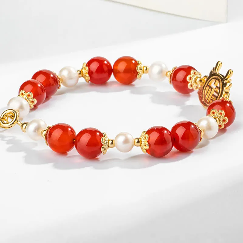 Buddha Stones 14K Gold Plated Year Of The Dragon Natural Red Agate Pearl Protection Fu Character Chain Bracelet (Extra 30% Off | USE CODE: FS30)