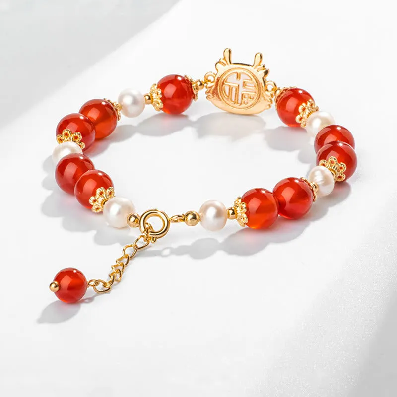 Buddha Stones 14K Gold Plated Year Of The Dragon Natural Red Agate Pearl Protection Fu Character Chain Bracelet (Extra 30% Off | USE CODE: FS30)