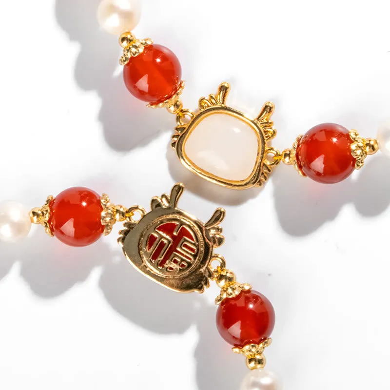 Buddha Stones 14K Gold Plated Year Of The Dragon Natural Red Agate Pearl Protection Fu Character Chain Bracelet (Extra 30% Off | USE CODE: FS30)