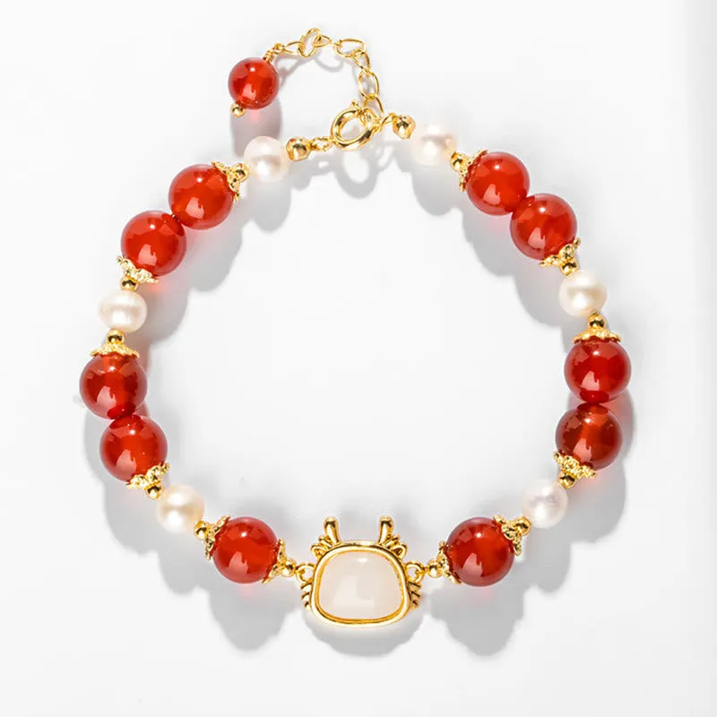 Buddha Stones 14K Gold Plated Year Of The Dragon Natural Red Agate Pearl Protection Fu Character Chain Bracelet (Extra 30% Off | USE CODE: FS30)