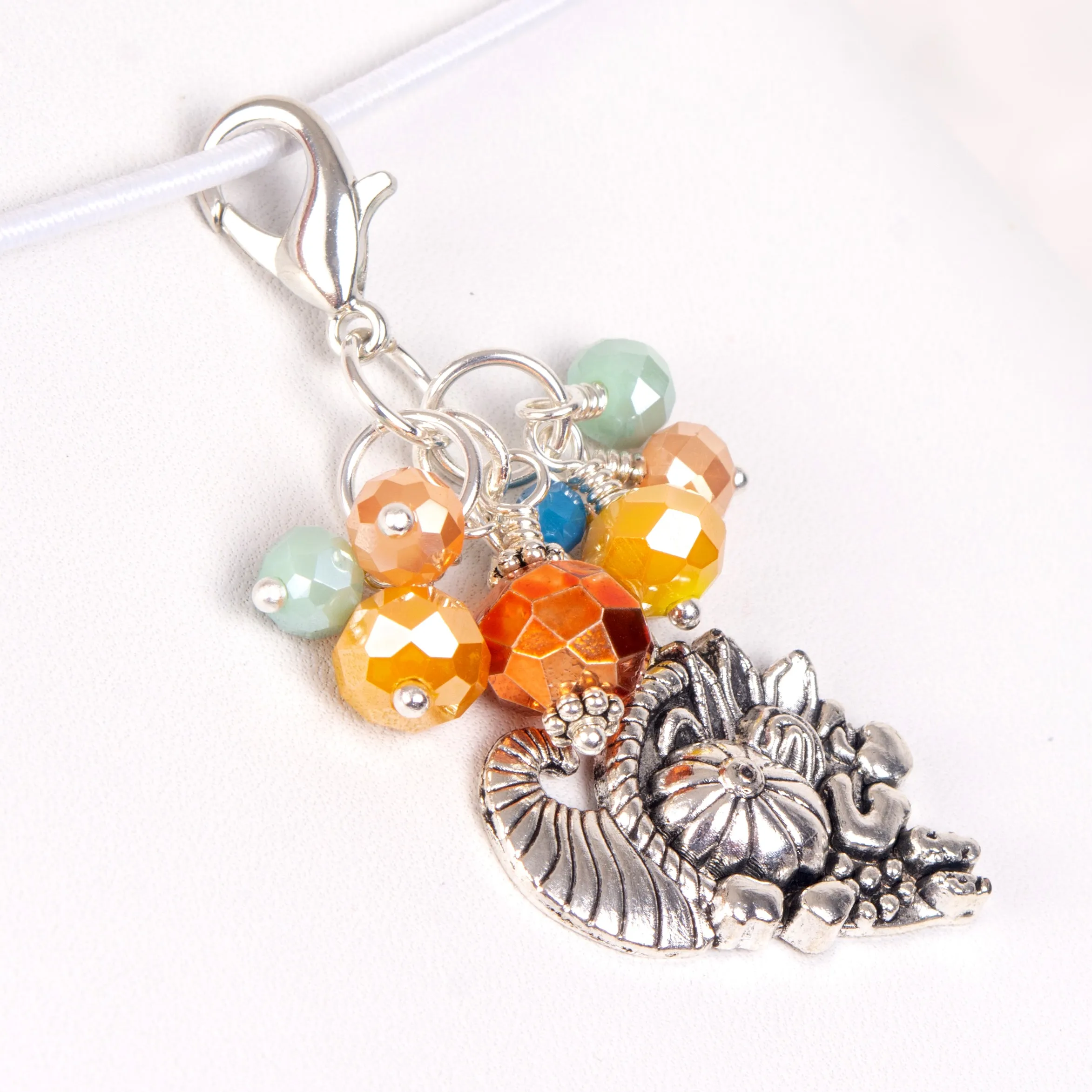 Cornucopia Dangle Clip or Charm with with Orange, Golden, Mint and Blue Crystals