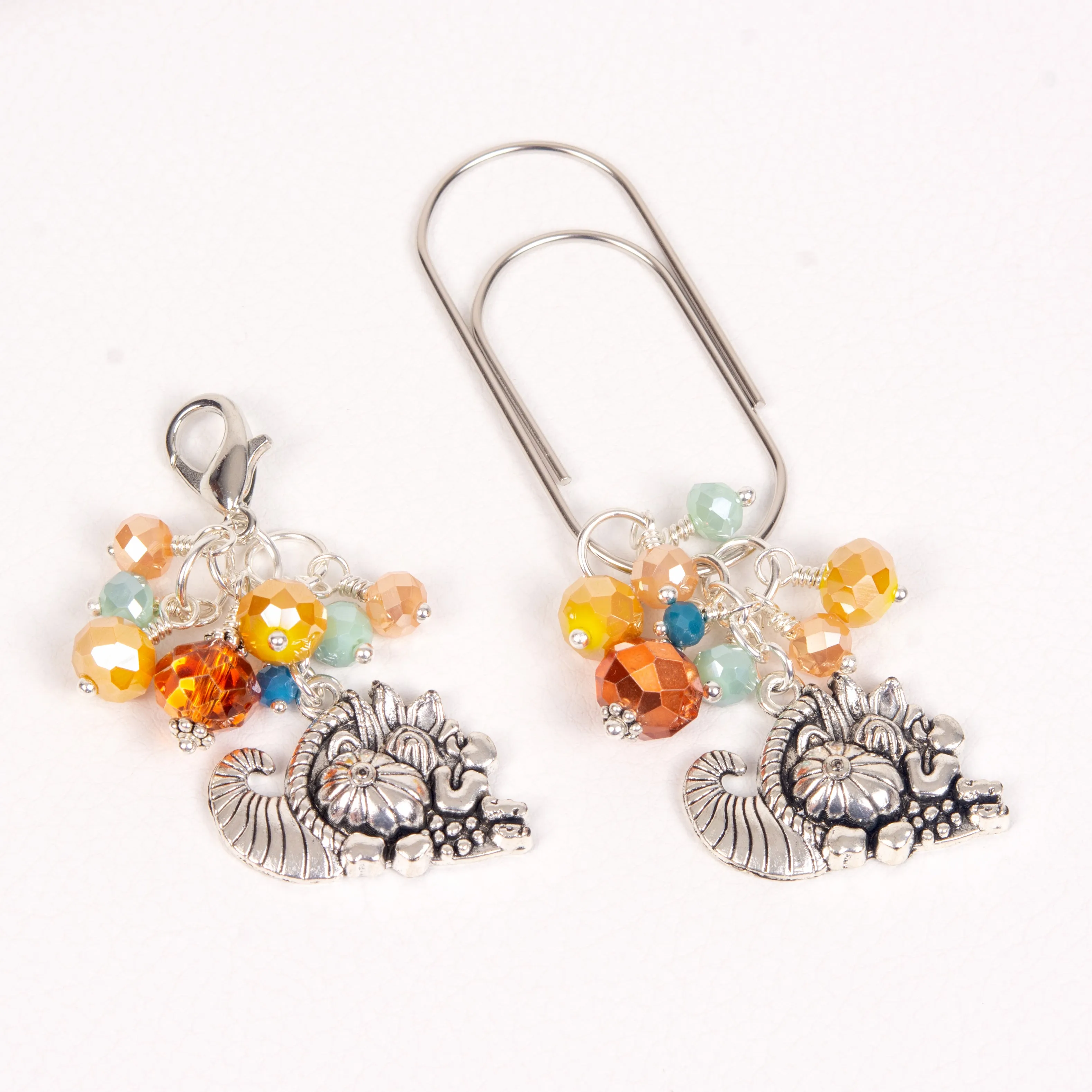 Cornucopia Dangle Clip or Charm with with Orange, Golden, Mint and Blue Crystals