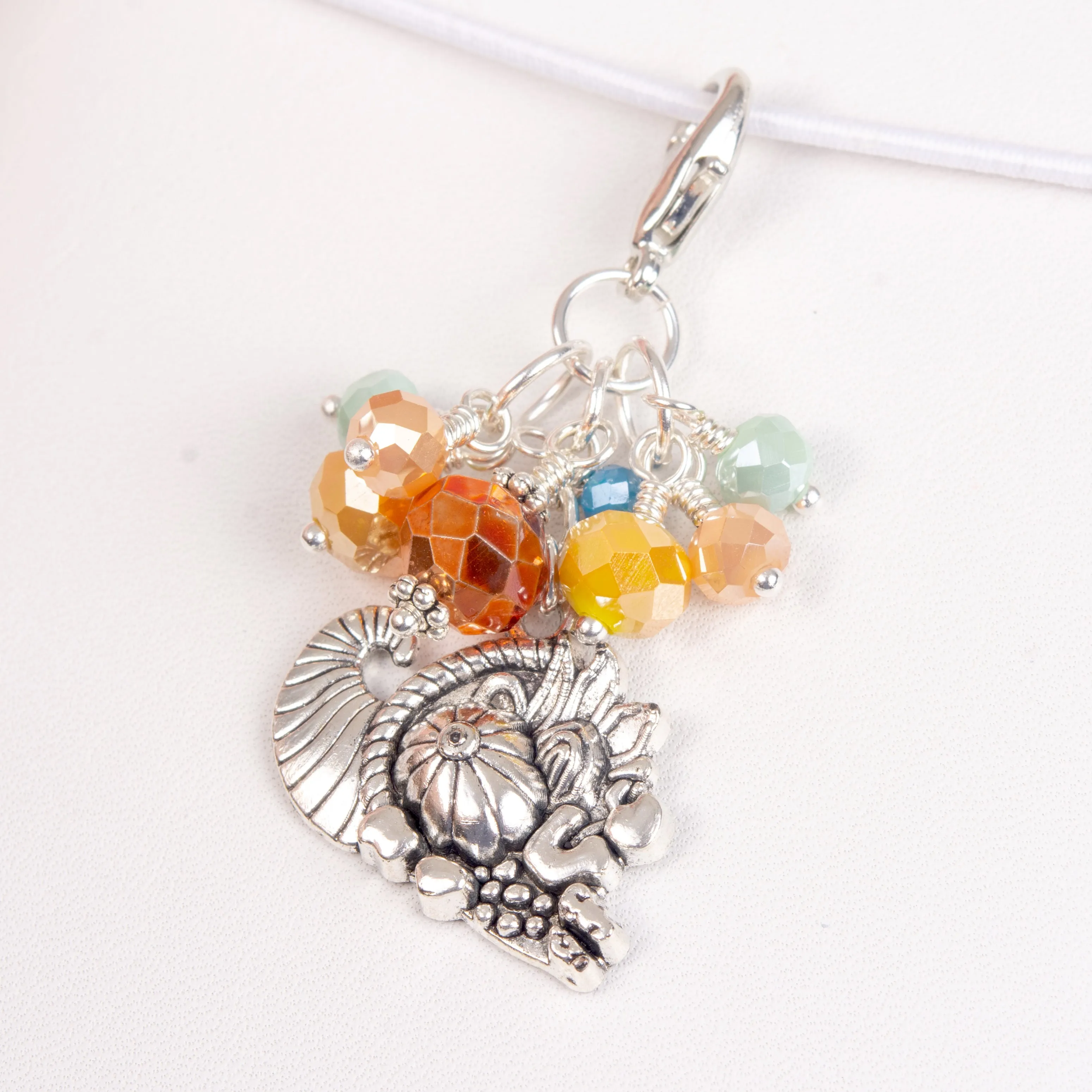 Cornucopia Dangle Clip or Charm with with Orange, Golden, Mint and Blue Crystals