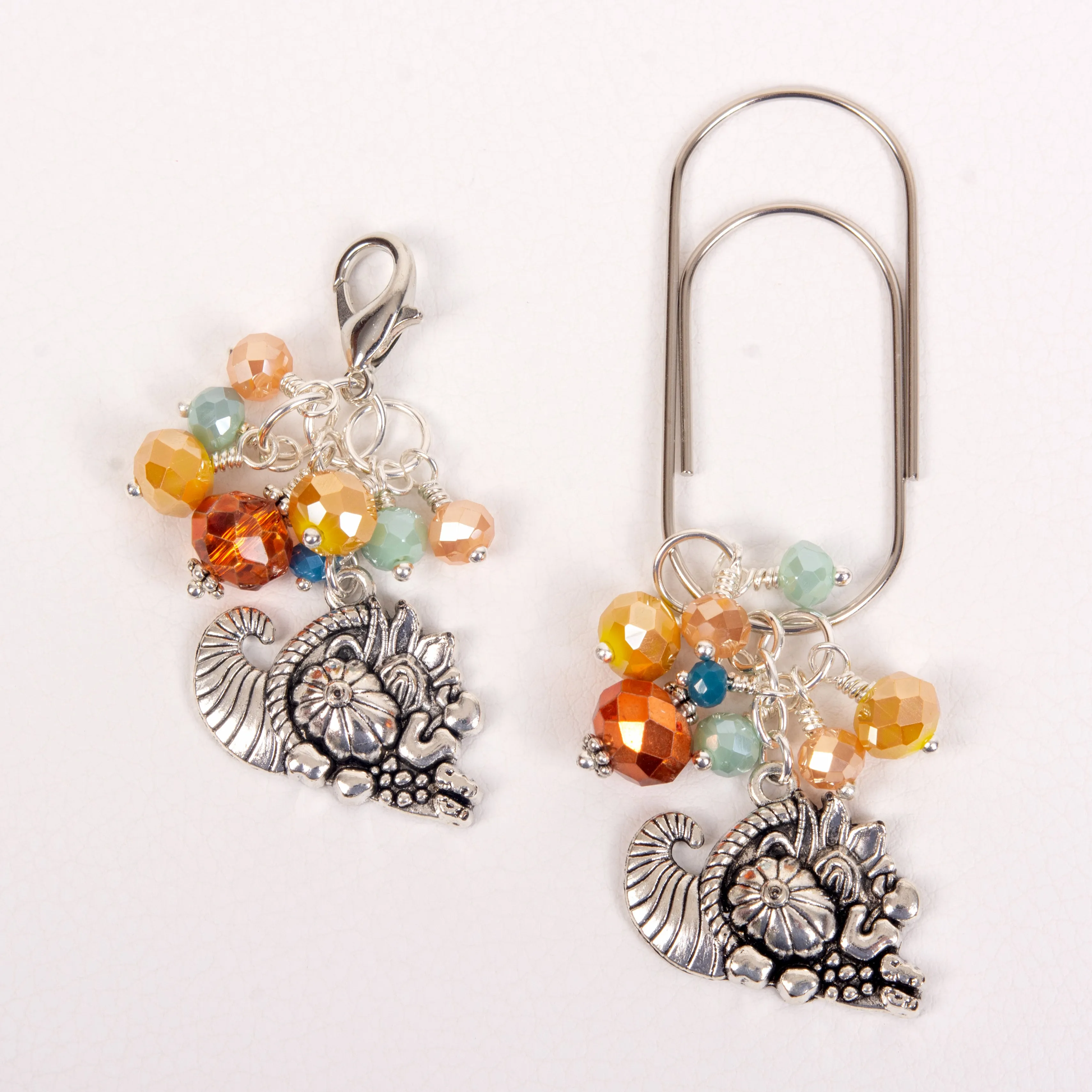 Cornucopia Dangle Clip or Charm with with Orange, Golden, Mint and Blue Crystals