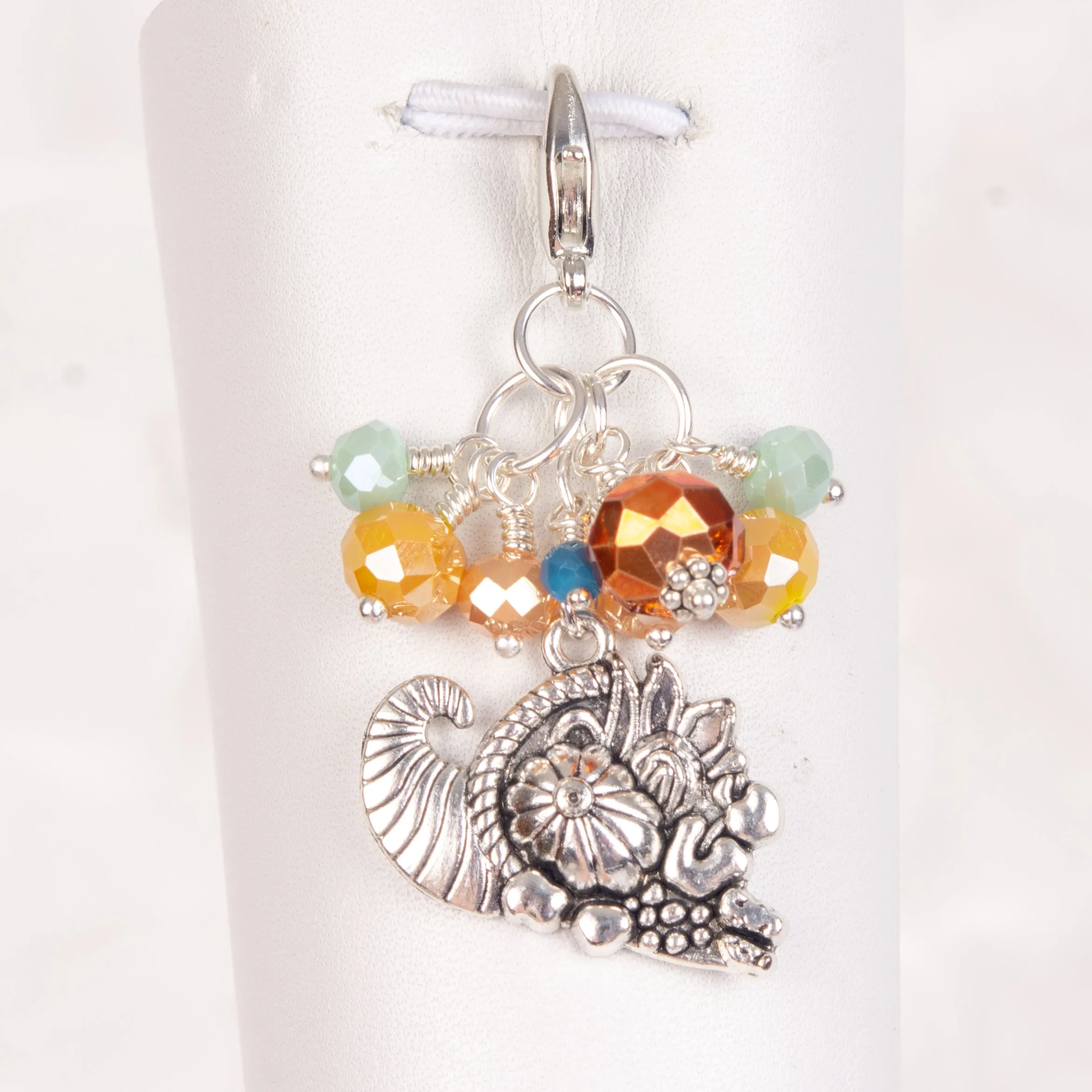 Cornucopia Dangle Clip or Charm with with Orange, Golden, Mint and Blue Crystals