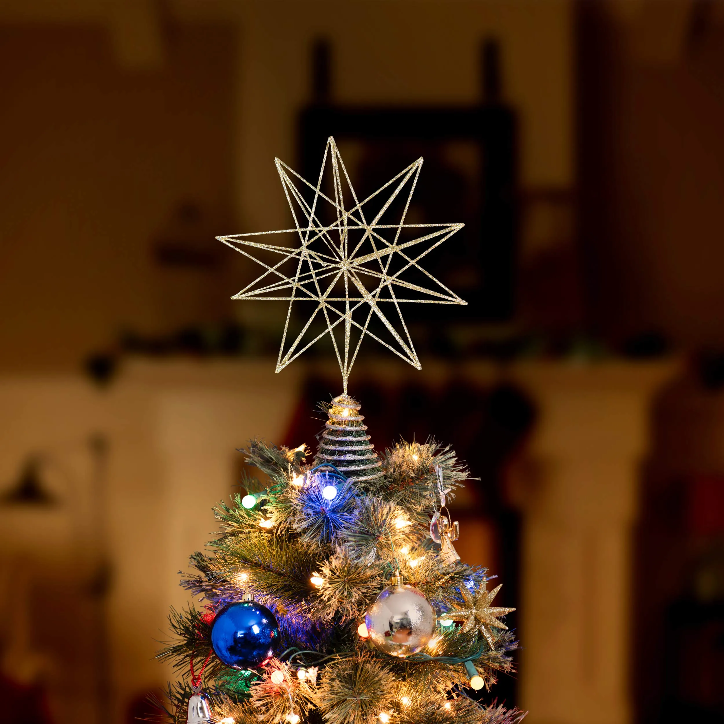 Glitter Star Tree Topper - Christmas Sparkly Metal Wire Star Tree Top Ornament