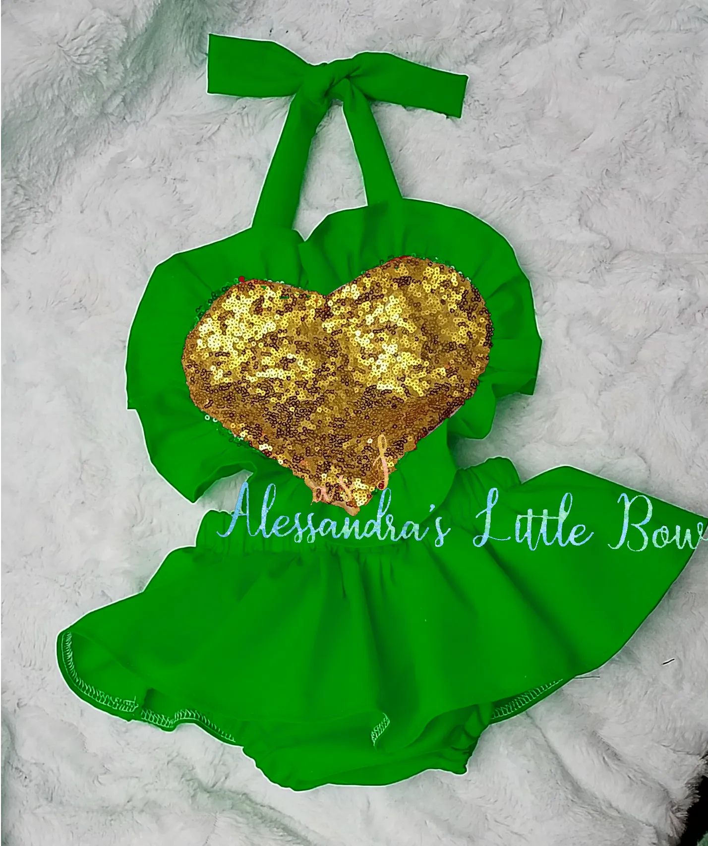 Green and Gold heart Ruffle Romper