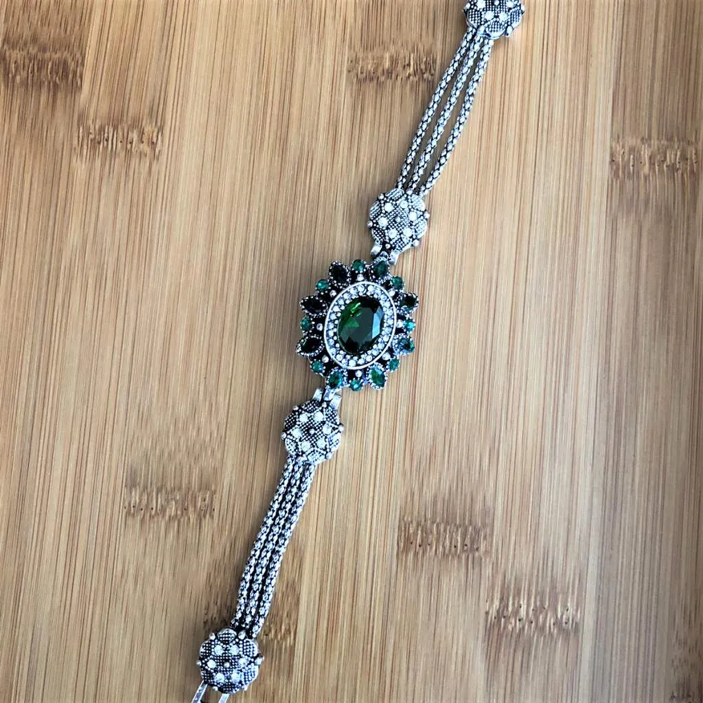 Green Crystal Antique Silver Bracelet