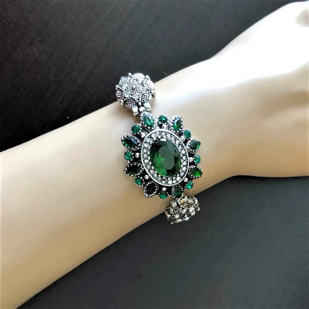 Green Crystal Antique Silver Bracelet