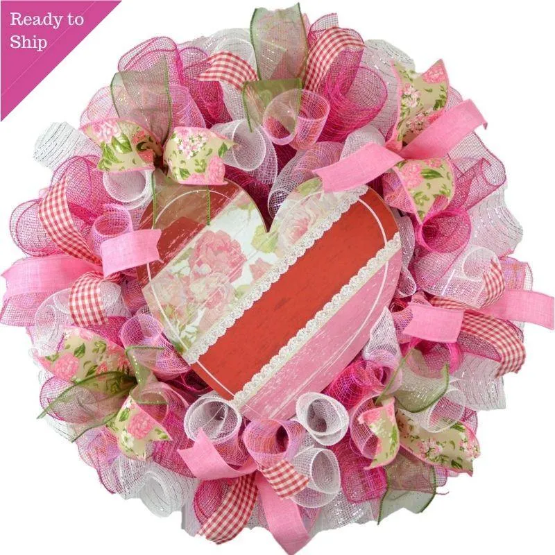 Heart Valentine's Day Wreath - Valentine's Mesh Door Wreath - Floral Decor