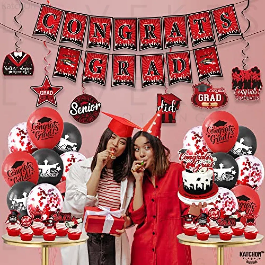 KatchOn, Graduation Party Decorations 2023 Set - Pack of 37 | Graduation Cake Toppers 2023 | Graduation Party Hanging Swirls 2023 | Congrats Grad Banner for Red and Black Graduation Decorations 2023