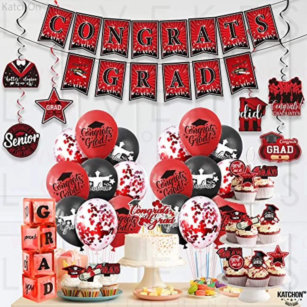 KatchOn, Graduation Party Decorations 2023 Set - Pack of 37 | Graduation Cake Toppers 2023 | Graduation Party Hanging Swirls 2023 | Congrats Grad Banner for Red and Black Graduation Decorations 2023