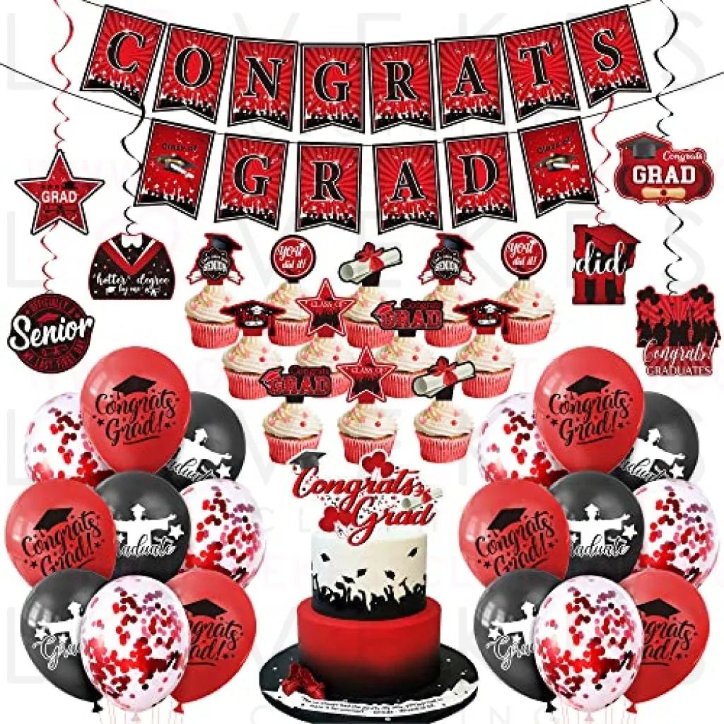 KatchOn, Graduation Party Decorations 2023 Set - Pack of 37 | Graduation Cake Toppers 2023 | Graduation Party Hanging Swirls 2023 | Congrats Grad Banner for Red and Black Graduation Decorations 2023