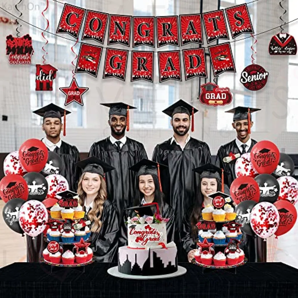 KatchOn, Graduation Party Decorations 2023 Set - Pack of 37 | Graduation Cake Toppers 2023 | Graduation Party Hanging Swirls 2023 | Congrats Grad Banner for Red and Black Graduation Decorations 2023