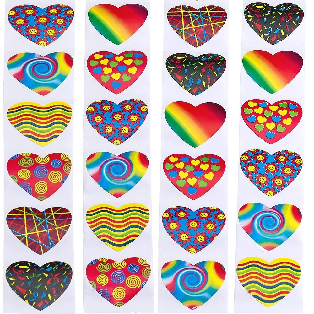 Kicko Funky Heart Stickers Roll - 4 Rolls - Colorful Assorted Design Heart-Shape Stickers