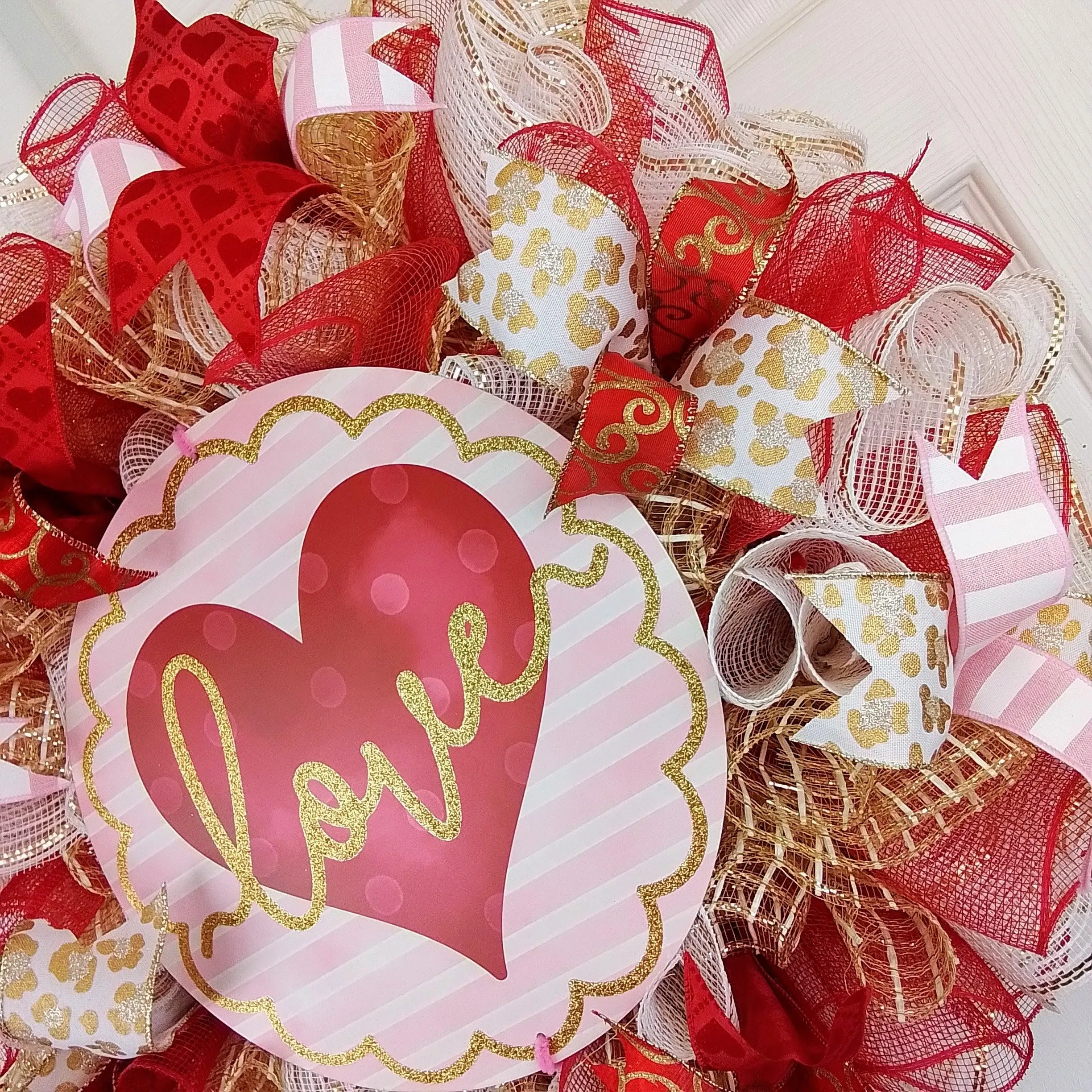 Love Valentines Wreath - Valentine's Day Decor - Gold Red Pink White Door Decorations