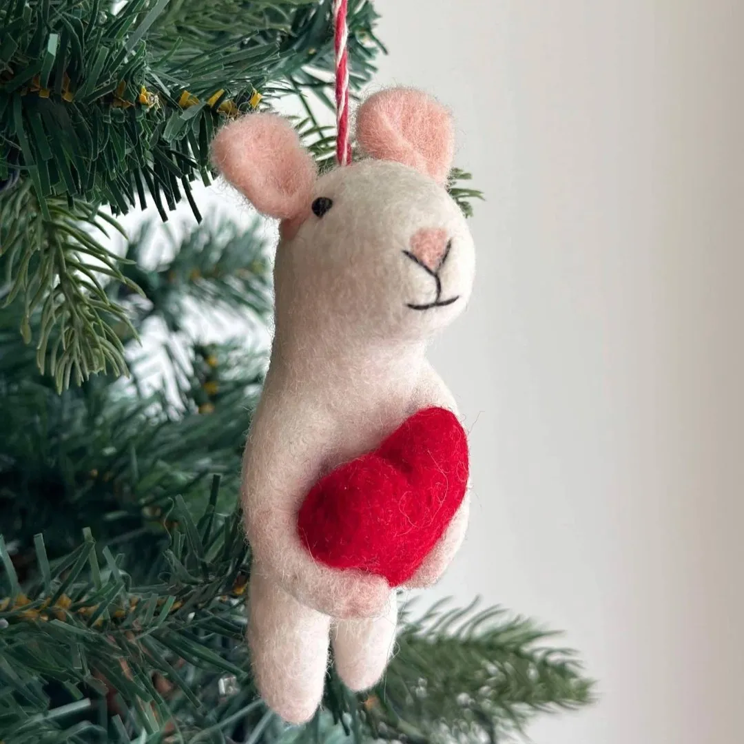 Mouse Holding Heart Wool Felt Ornament 4.75"