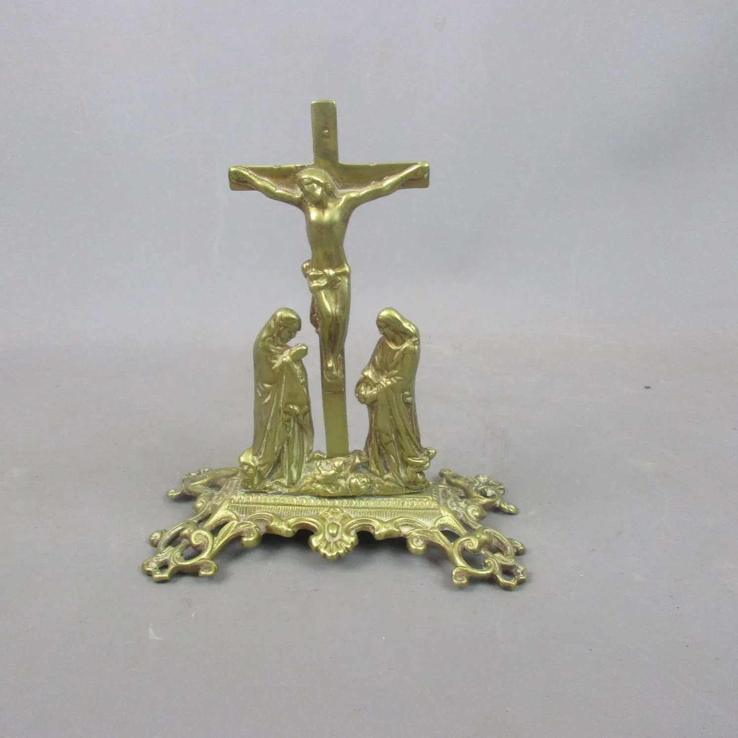 Ornate Brass Christian Crucifix Scrolled Base Ornament Antique Victorian c1890