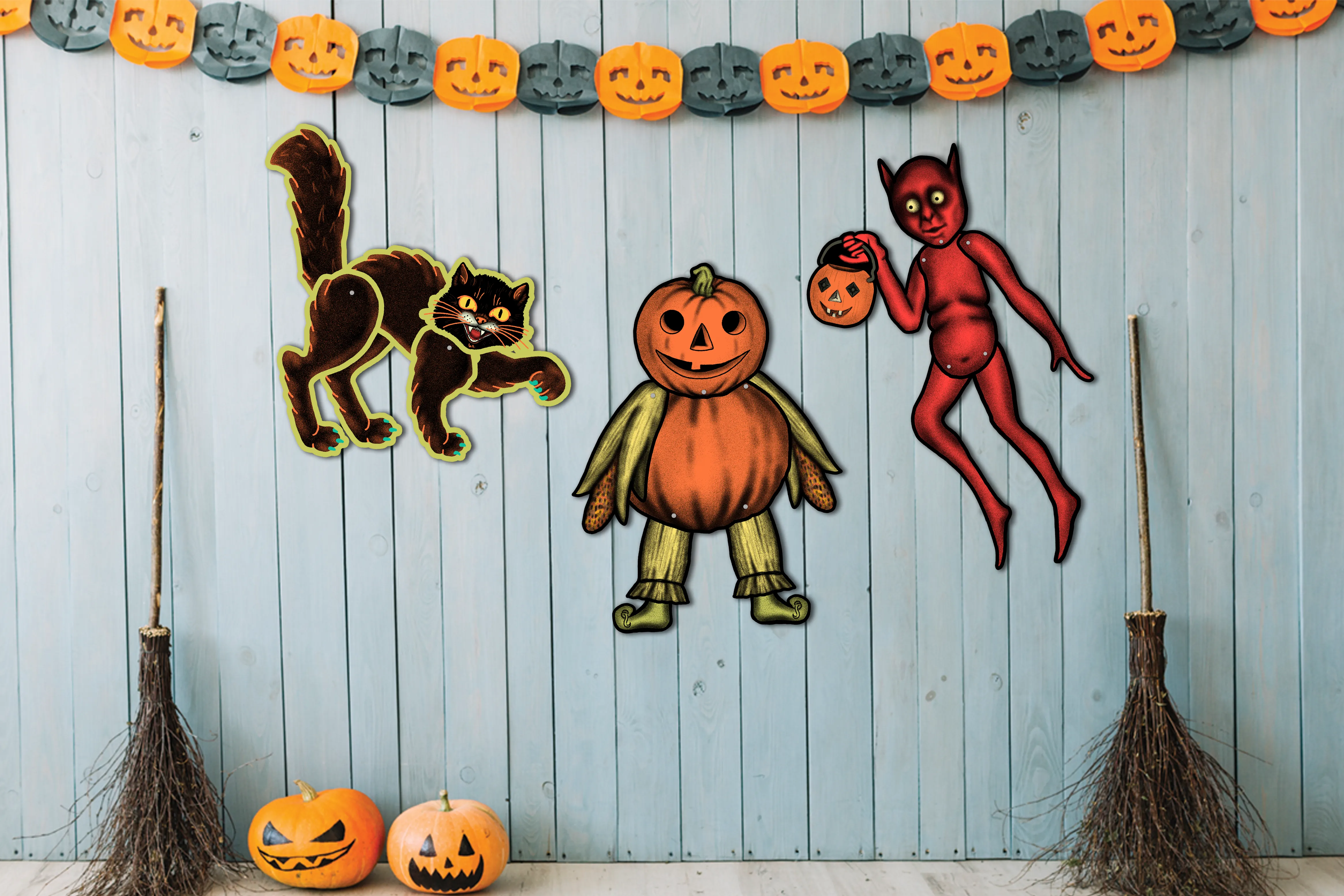 Retro Inspired Halloween Jointed Pumpkin Kid Cutout Decoration