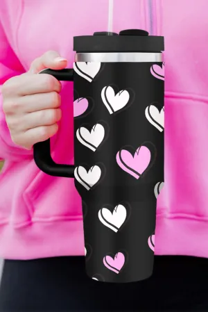 Rose Red Valentines Heart Printed Thermos Cup with Handle