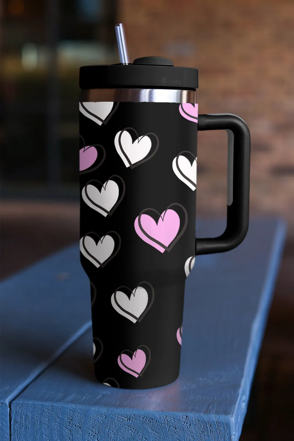 Rose Red Valentines Heart Printed Thermos Cup with Handle