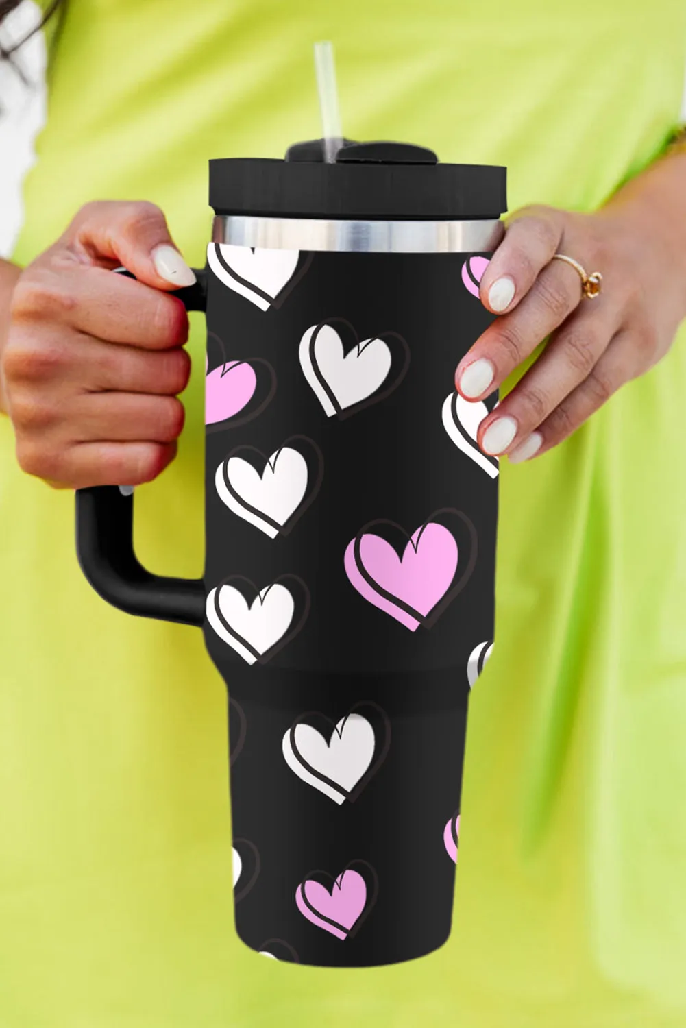 Rose Red Valentines Heart Printed Thermos Cup with Handle