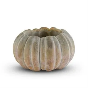 Round Whitewashed Orange and Green Cement Pumpkin Pots