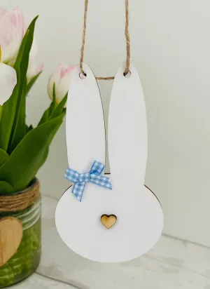 Rustic Farmhouse Easter Bunny Hanging Decoration - White / Blue