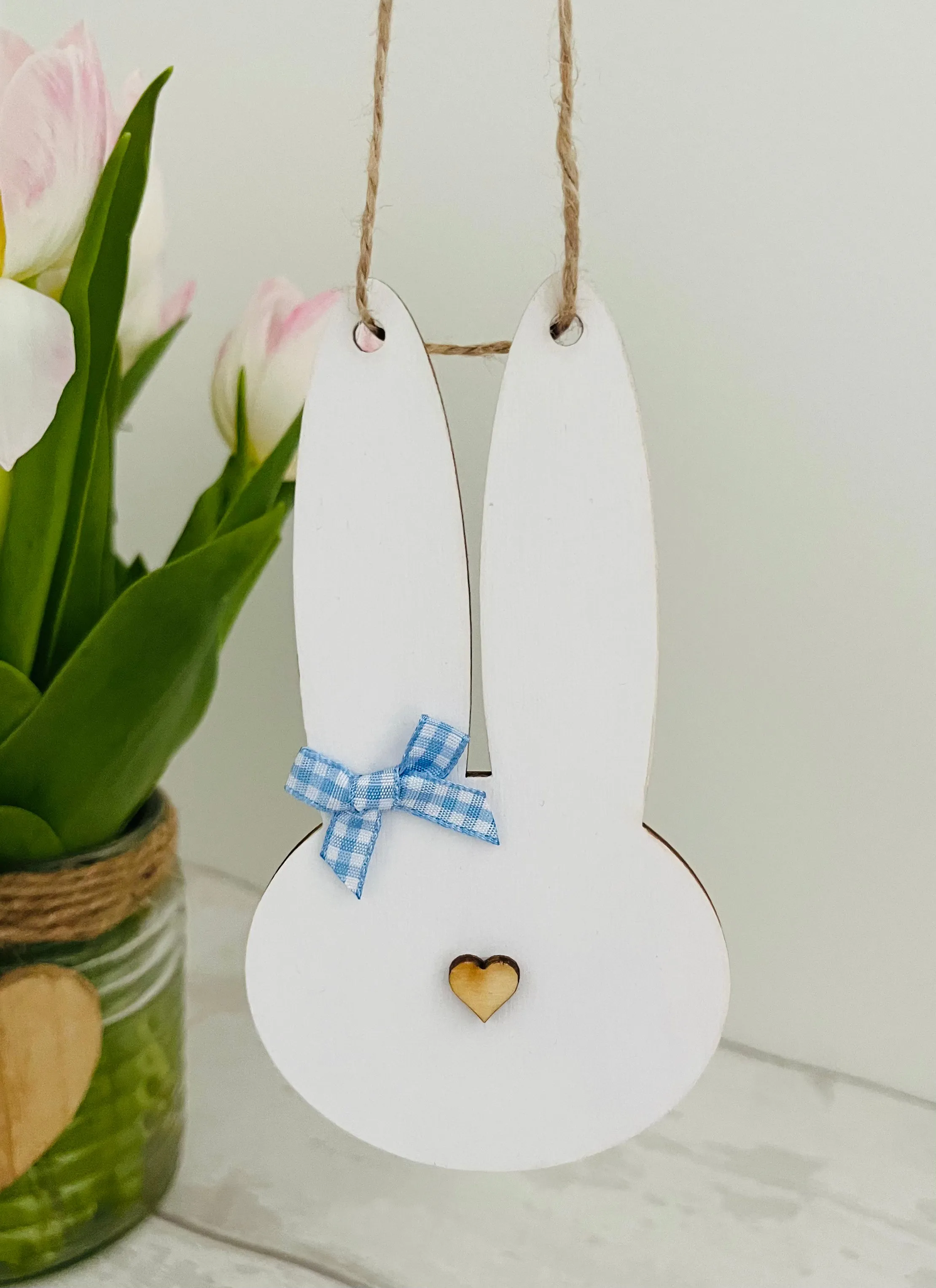 Rustic Farmhouse Easter Bunny Hanging Decoration - White / Blue