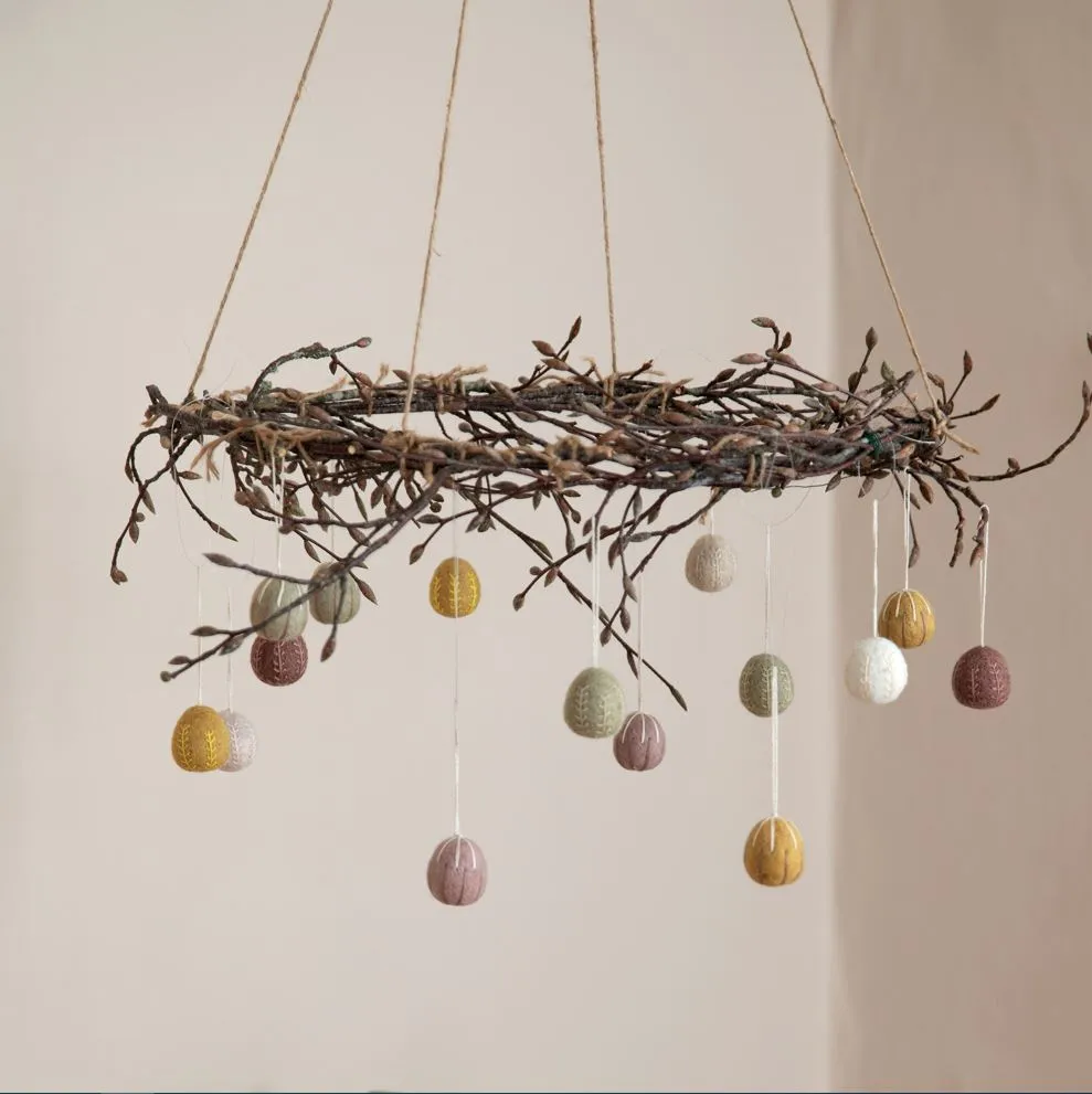 Set of Three Small Hanging Felt Eggs with Embroidery