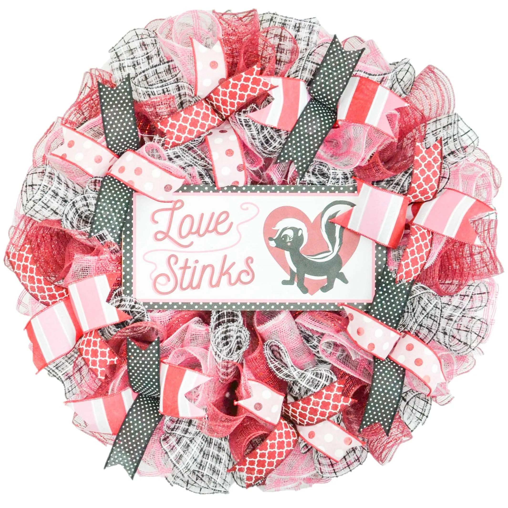 Skunk Love Stinks Cute Valentine's Day Mesh Door Wreath - Red White Maroon