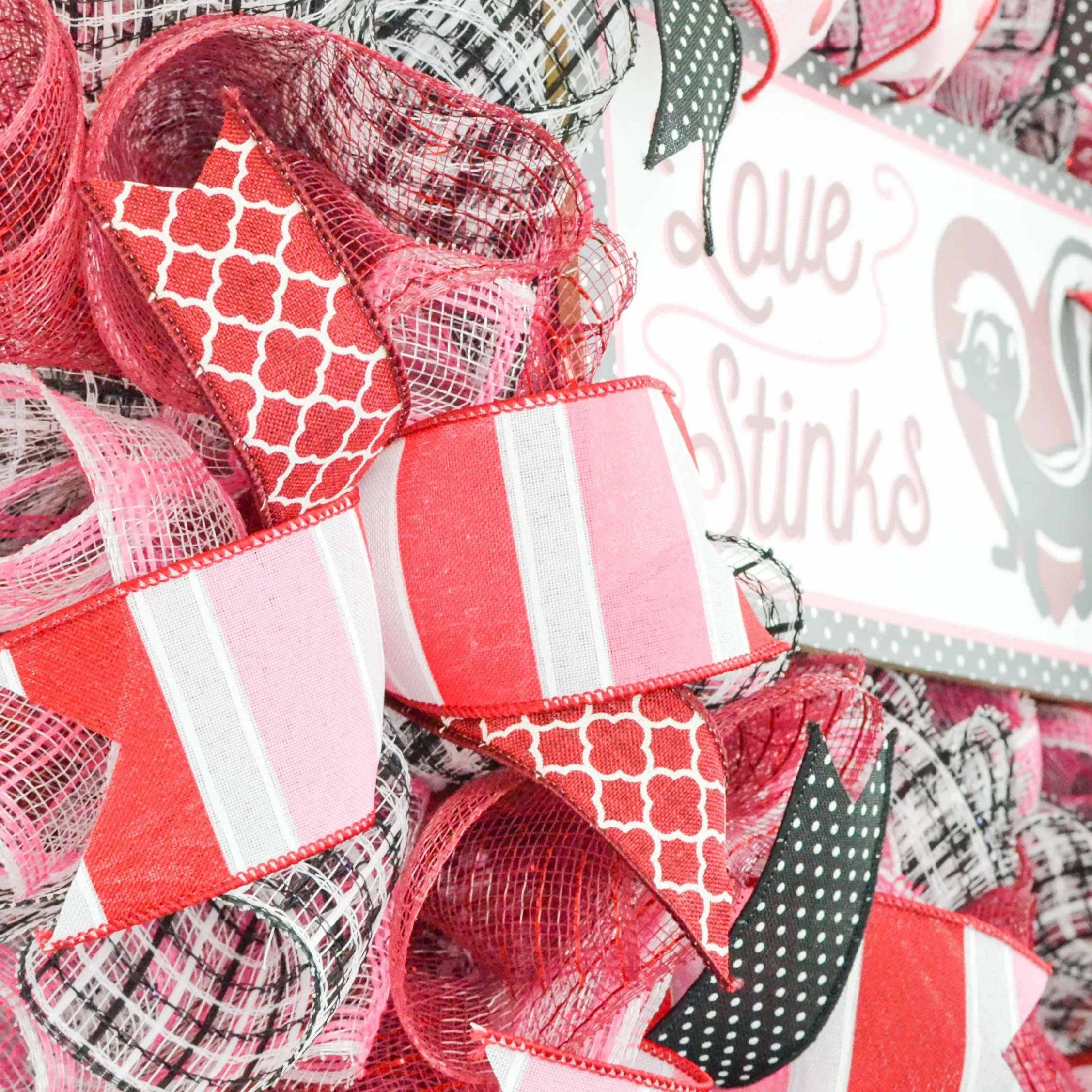 Skunk Love Stinks Cute Valentine's Day Mesh Door Wreath - Red White Maroon