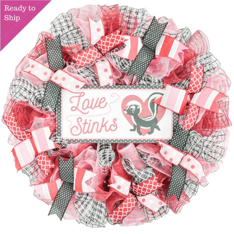 Skunk Love Stinks Cute Valentine's Day Mesh Door Wreath - Red White Maroon