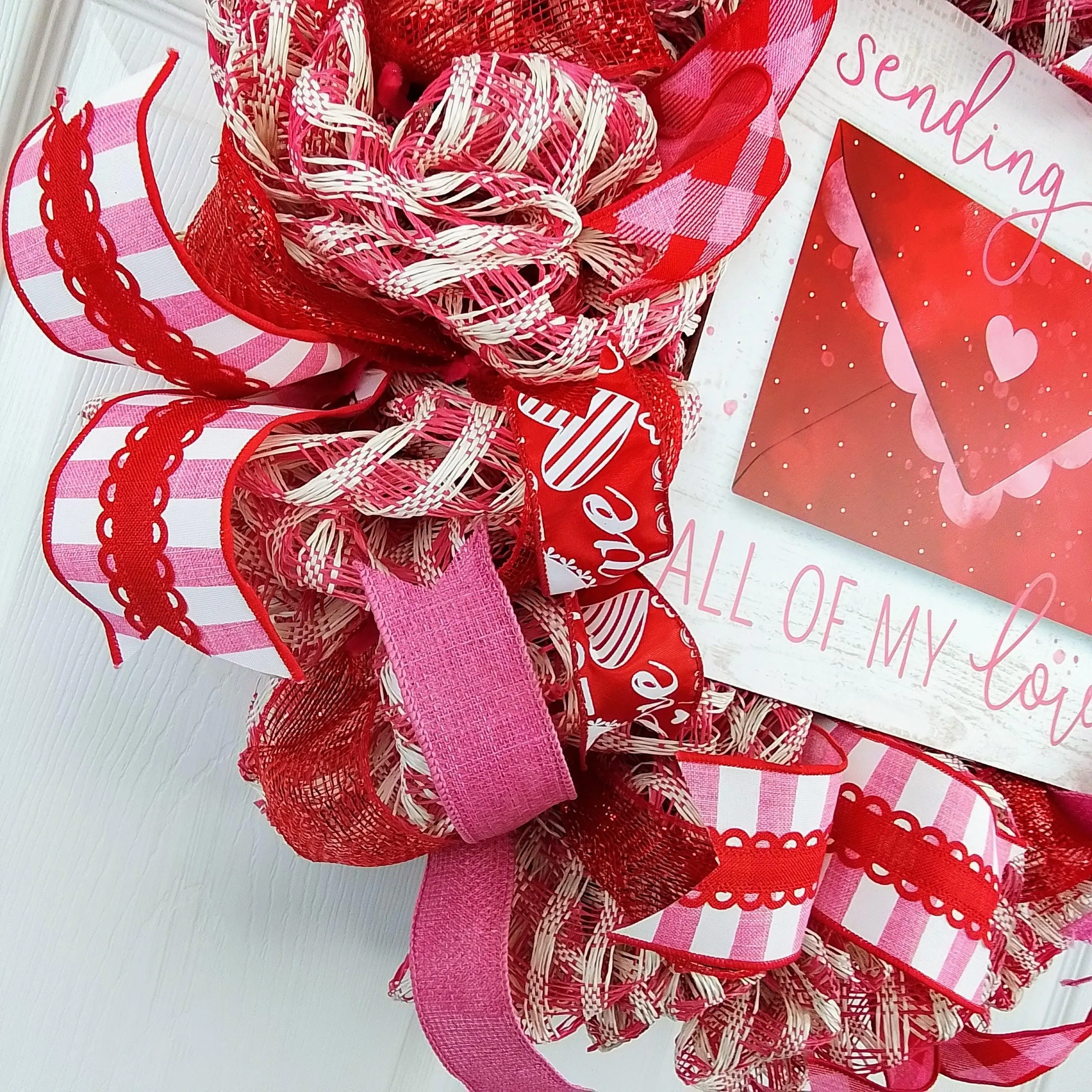 Valentine Sending Love Wreath - Valentine's Day Decor - Envelope Mesh Door Wreath - Pink White Silver Red