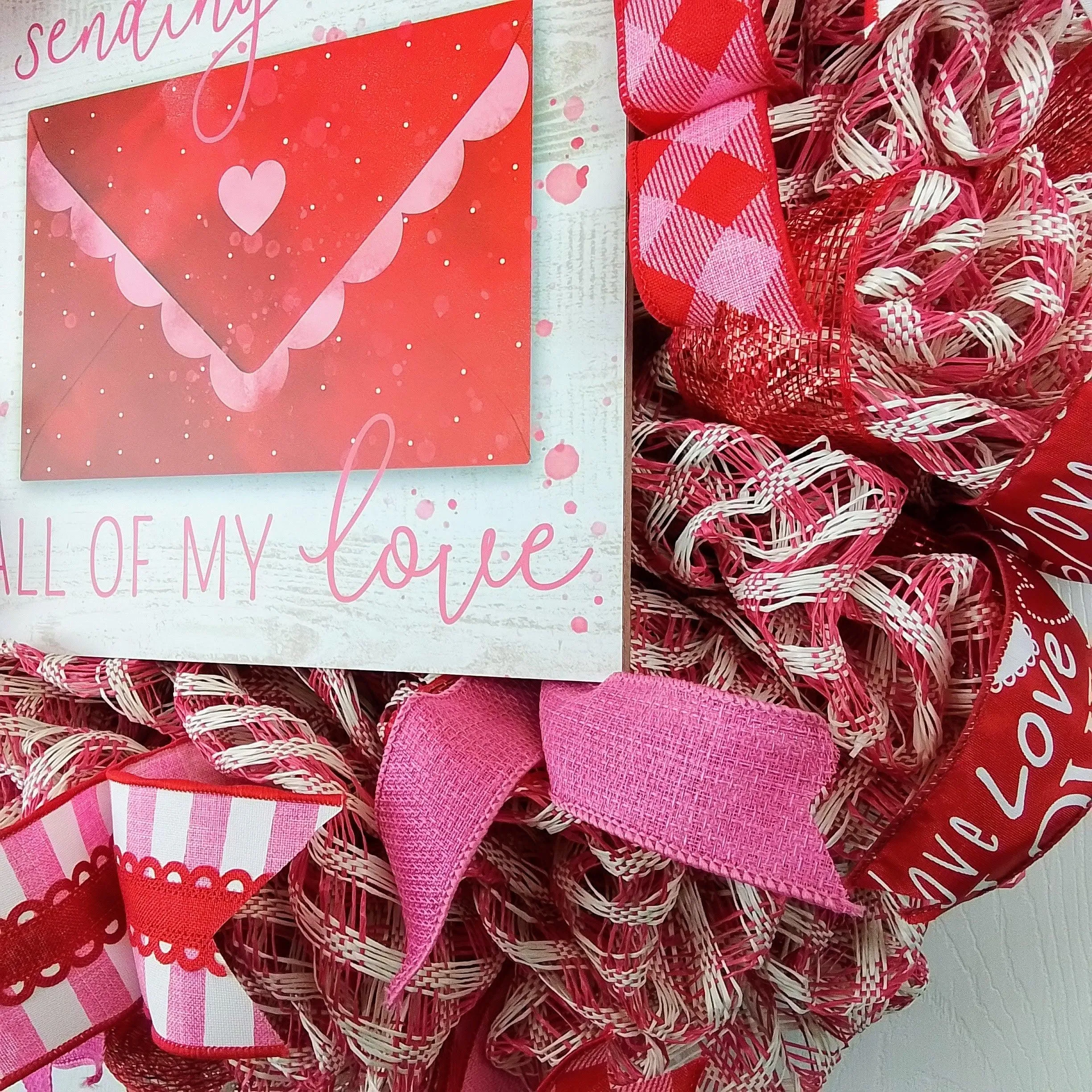 Valentine Sending Love Wreath - Valentine's Day Decor - Envelope Mesh Door Wreath - Pink White Silver Red