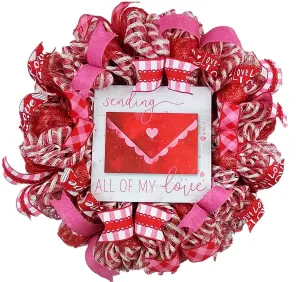 Valentine Sending Love Wreath - Valentine's Day Decor - Envelope Mesh Door Wreath - Pink White Silver Red