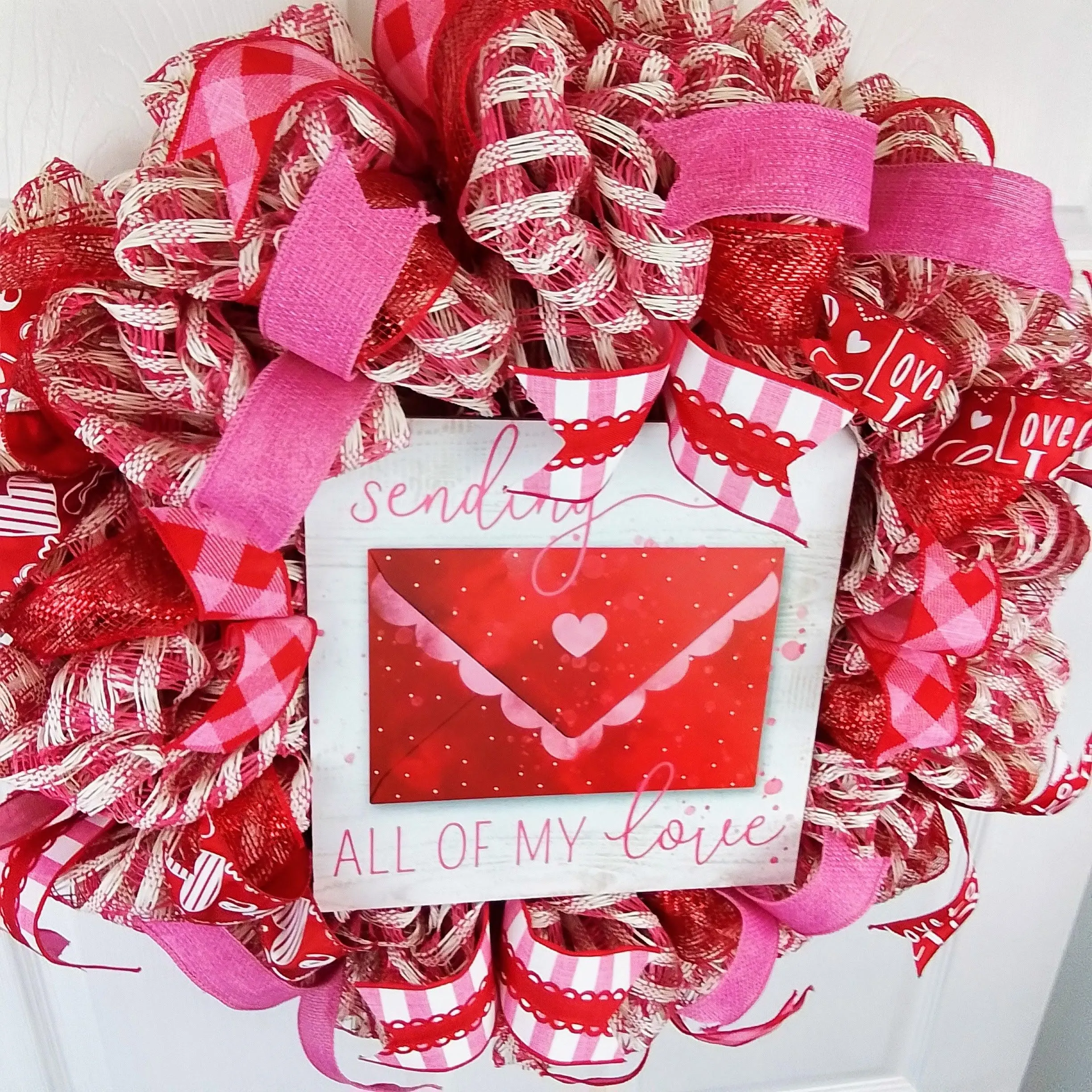 Valentine Sending Love Wreath - Valentine's Day Decor - Envelope Mesh Door Wreath - Pink White Silver Red