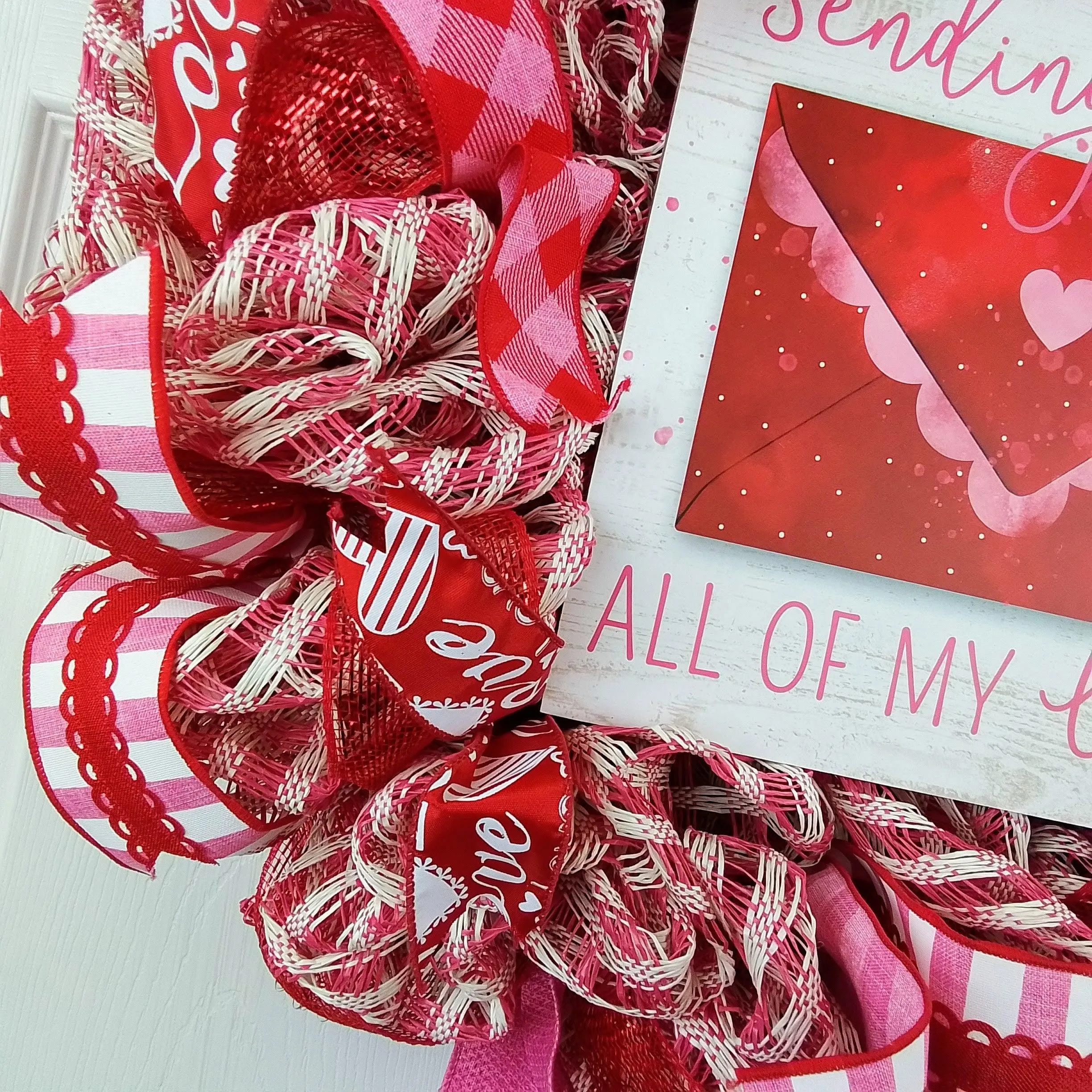 Valentine Sending Love Wreath - Valentine's Day Decor - Envelope Mesh Door Wreath - Pink White Silver Red