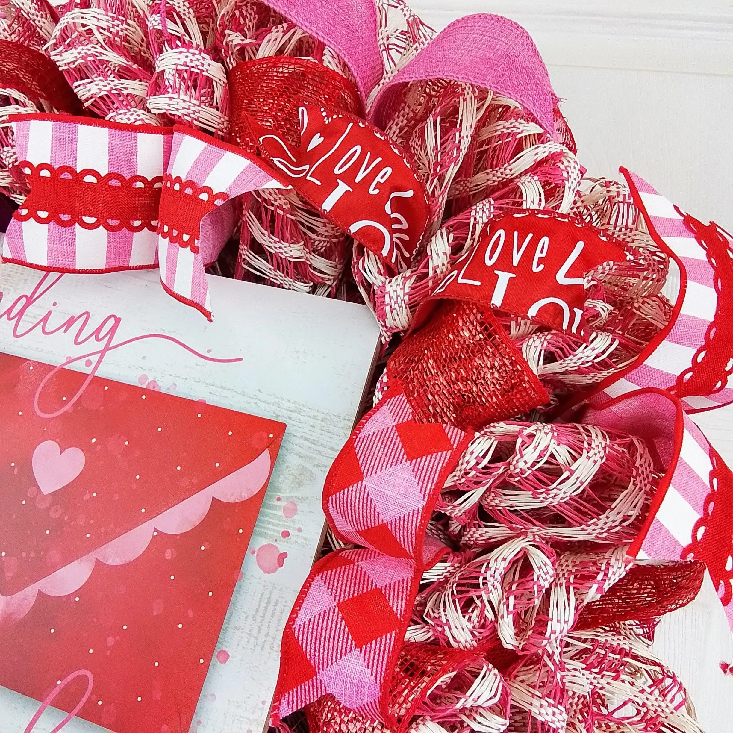 Valentine Sending Love Wreath - Valentine's Day Decor - Envelope Mesh Door Wreath - Pink White Silver Red